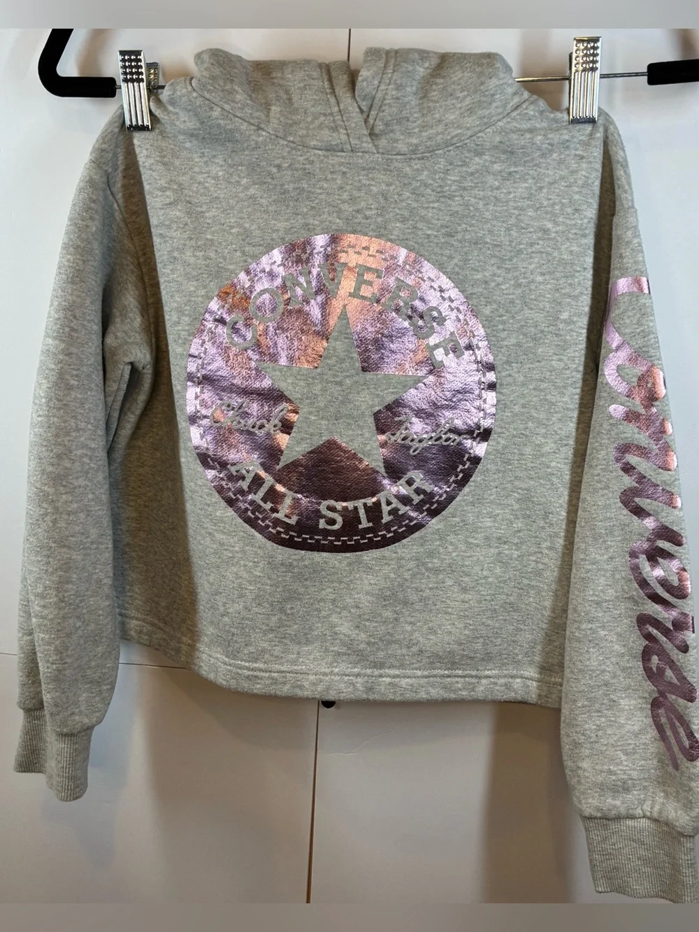Converse Girls Gray Fleece Pullover Hoodie Metallic Pink Logo Size Small